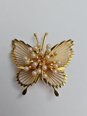 Monet Gold Butterfly Brooch with Pearls